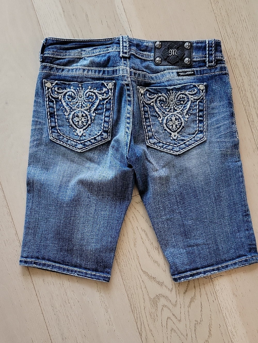 Miss Me Embroidered Denim Bermuda Shorts - Blue